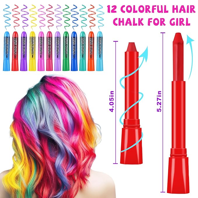 Hair Chalk for Girls Washable, 12-Color Temporary Hair Chalk for Girls Gifts for Dark Hair, Hair Dye Marker Gifts for Teen Girls Kids Age 5 6 7 8 9 10 11 12 13 Years Old for Christmas Birthday