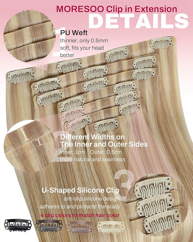 Moresoo Seamless Hair Extensions Clip in Human Hair Dark Ash Blonde with Golden Blonde Remy Clip in Hair Extensions Blonde Highlight 7pcs/120g 20inch