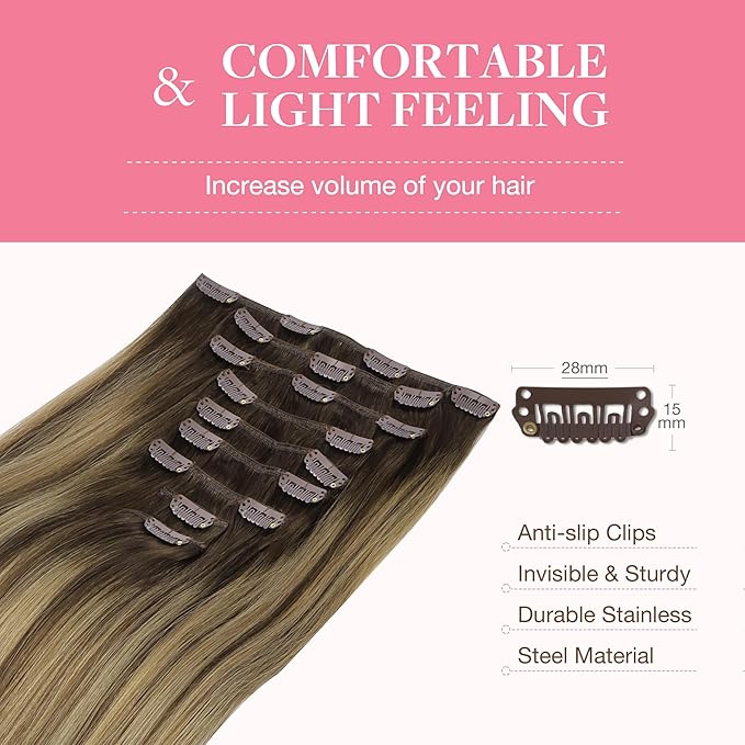 GOO GOO Clip in Hair Extensions Real Human Hair, Remy Human Hair Extensions Clip ins for Women, Natural Human Hair, 20inch 150g 9Pcs, 4/27/4 Balayage Chocolate Brown to Caramel Blonde