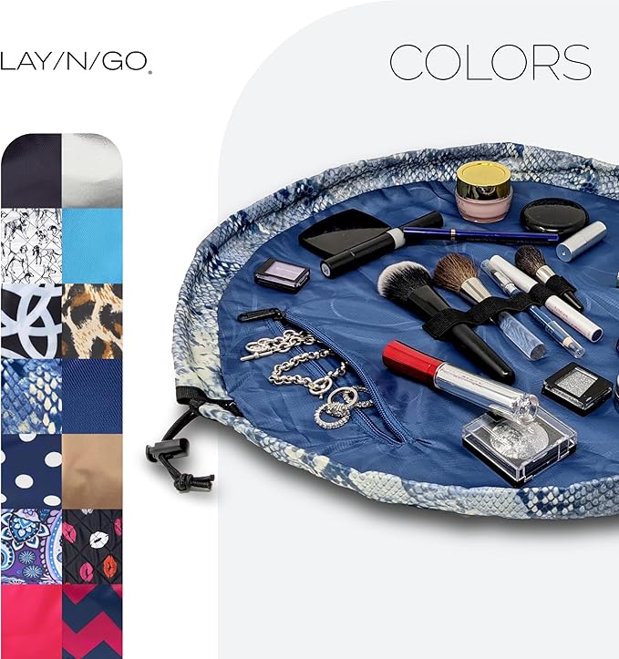 Lay-n-Go Cosmo Drawstring Cosmetic & Makeup Bag Organizer - Portable Drawstring Makeup Bag w/Zipper Pocket, Makeup Loops & More - Durable, Machine Washable Toiletry Bag (20", Blue Snakeskin)
