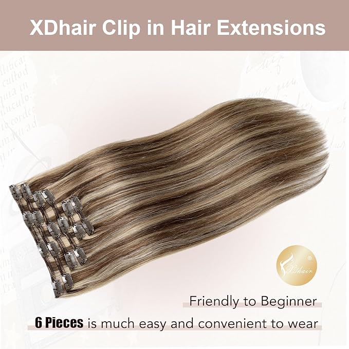 XDhair Clip In Hair Extensions Remy Human Hair Medium Brown #4 Mixed to Caramel Blonde #27 Clip In Real Hair Silk Stright 120g 6Pcs (#4P27,18Inch)