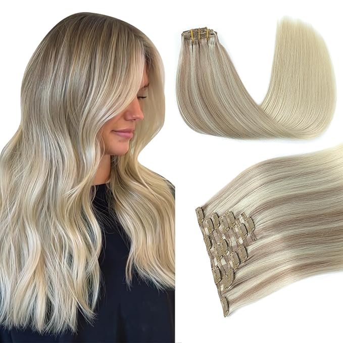 PINKPEARL Clip in Hair Extensions Straight Human Hair #18/22/60 Balayage Ash Blonde to Golden Blonde and Platinum Blonde 7pcs 120g 18 Inch Real Hair Clip in Extensions(#18/22/60-18)