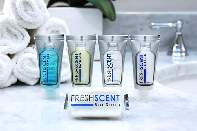 Freshscent Hotel Collection 250 Piece Set. Travel Size Amenities Bulk Toiletries Kit of 50 Each 1oz tubes Shampoo, Conditioner, Body Wash and Lotion. 50 Bars 1oz Soap