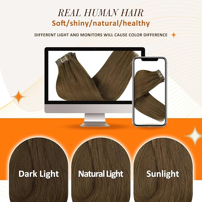 Full Shine Seamless Clip in Hair Extensions Human Hair Medium Brown Hair Extension Clip ins Straight PU Weft for Short Hair Ease of Use 12 Inch 95 Grams 8 PCS