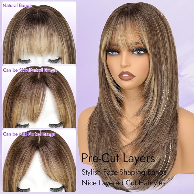Wig with Bangs for Women Ginger Straight Face-Framing Layers Hairstyle 4x4 Realistic Scalp Glueless Synthetic Wigs Medium Length for Everyday Use
