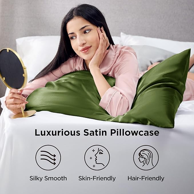 Bedsure Satin Pillowcase 2 Pack Similar to Silk Pillow Cases Standard Size, Pillow Case for Hair with Envelope Closure, Olive Green Room Decor Aesthetic Gifts for Women, Moss, 20x26 Inches, 2pcs