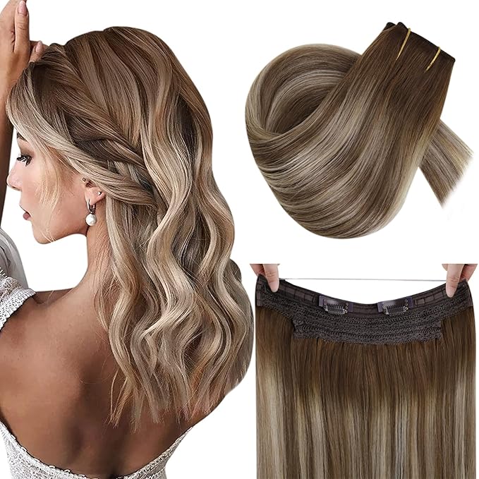 RUNATURE Brown Balayage Wire Hair Extensions Real Human Hair 20 Inch 100g, Invisible Fish Line Hair Extensions Soft Silky Hair, Quick Application #3/8/22 Walnut Brown to Light Brown with Blonde