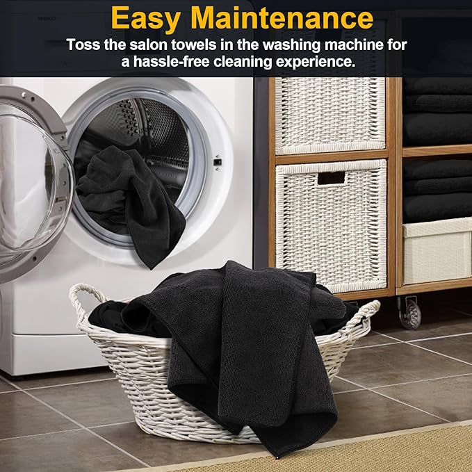 Salon Towels 48 Pack, Microfiber Barber Towel Bulk,(16x29 inches) Fast Drying Hair Towels Super Soft Black Hnad Towels for Gym, Salon, Bath, Spa Use and Home Hair Care(Not Bleach Proof)