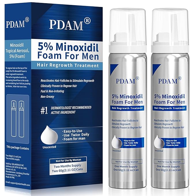 5% Minoxidil for Men Foam Hair Growth - Minoxidil Foam Hair Regrowth Treatment for Men, Topical Hair Loss Treatments, Extra Strength Thicker & Fuller Hair (2.11 Ounce x 2)