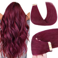 GOO GOO Tape in Hair Extensions Human Hair, Burgundy, 10inch 30g 20pcs, Skin Weft Seamless Invisible, Silky Straight with Thick Ends, Remy Human Hair