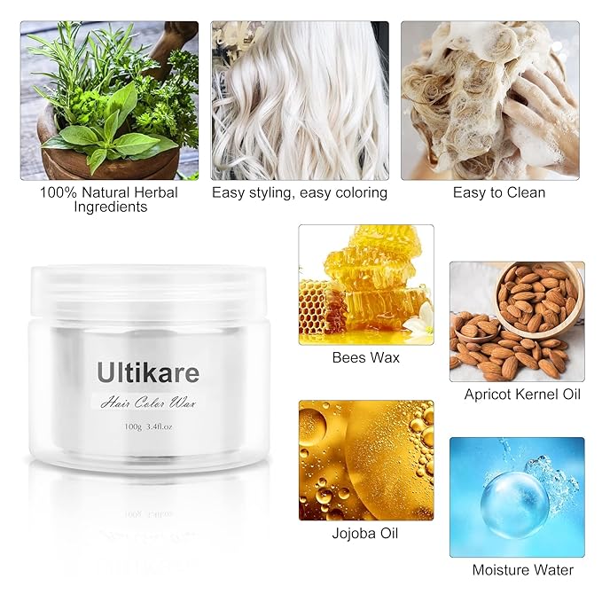 Temporary Hair Color for Kids, Ultikare White Hair Dye Washable Natural Hair Wax Color Chalk Mud Cream DIY Hairstyle Clay For Dark Hair Halloween, Cosplay, Party, Christmas Gift Girls 3.4 Fl Oz