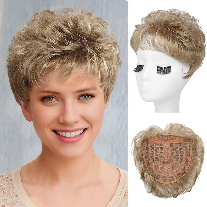 REECHO Hair Topper, Short Wiglet Hair Topper for Women with Thinning Large Coverage Synthetic Top Crown Hairpiece for Women - Dark Blonde