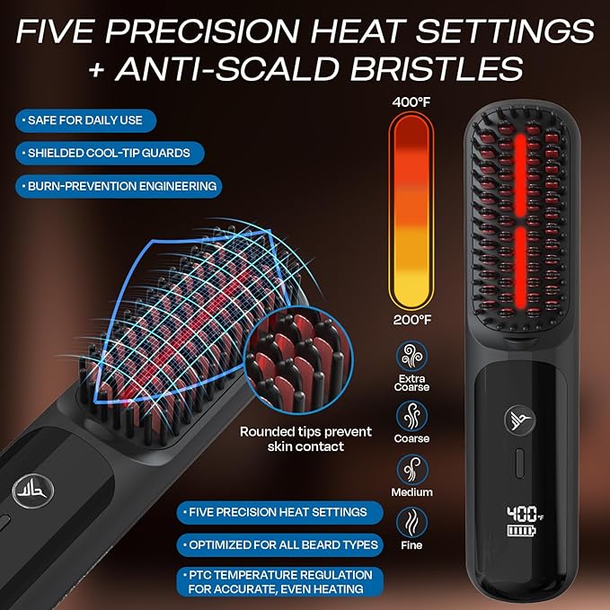 HUMMINGBIRD MK18 BeardBoss Cordless Beard Straightener for Men – Heated Beard Brush & Hot Comb, 5 Temp Settings, Anti-Scald Portable Hair Straightener, PTC Ceramic Heat, Infrared & Ionic, Travel Case