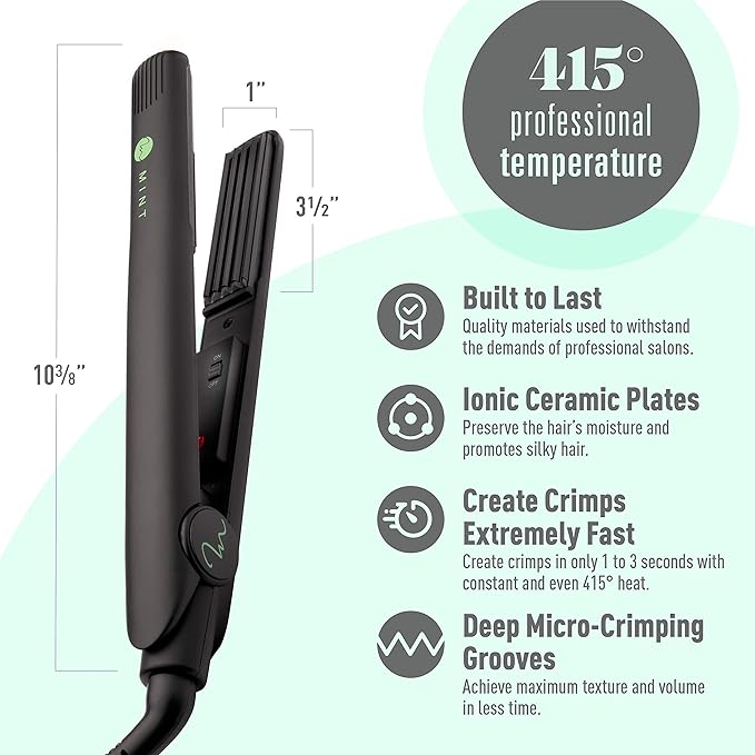 Professional Series Hair Crimper Iron 1 Inch by MINT | Create Crimps Extremely Fast - Deeper Ceramic Crimp Plates for Maximum Root Volumizing and Crimping - Travel-Ready Dual-Voltage