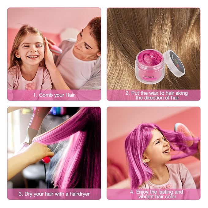 Temporary Hair Color for Kids Pink, Ultikare Hair Wax Color Dye for Dark Hair Instant Colored Hair Gel Hairstyle Wax Cream Mud Pomade 3.4 Oz Girl Gifts, Party, Cosplay & Halloween