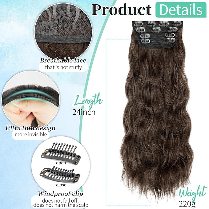 KooKaStyle Hair Extensions Long Wavy 4PCS Thick clip in hair extensions Hairpieces Chocolate Brown Fiber Double Weft Natural Synthetic Hair Extensions 24 Inch for Women
