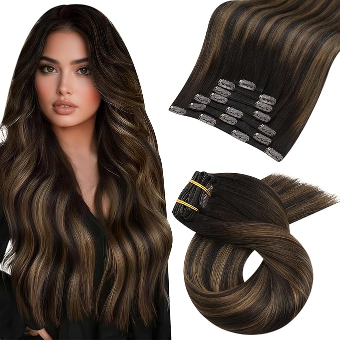 Moresoo Clip in Hair Extensions Real Human Hair Balayage Dark Brown to Chestnut Brown Human Hair Extensions Clip ins Long 16 inch Full Head for Women 120g/7pcs