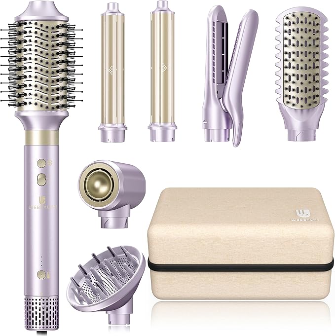 Hair Dryer Brush 8-in-1 Dual Voltage Hot Air Styler – Fast-Drying 110,000 RPM Ionic Blow Dryer with Straightener & Curler Attachments, Frizz-Free Volumizing Styler with Protective Hard Case-Purple
