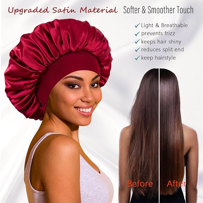 Silk Bonnet for Sleeping Women, Satin Hair Sleep Bonnets for Curly Hair Braids, Double Layer Large Wide Band Sleep Cap