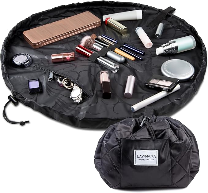 Lay-n-Go Cosmo Layflat Cosmetic & Makeup Bag Organizer - Portable Drawstring Bag w/Zipper Pocket, Brush Storage Loops & More - Durable, Machine Washable Toiletry Bag for Travel (22", Black)