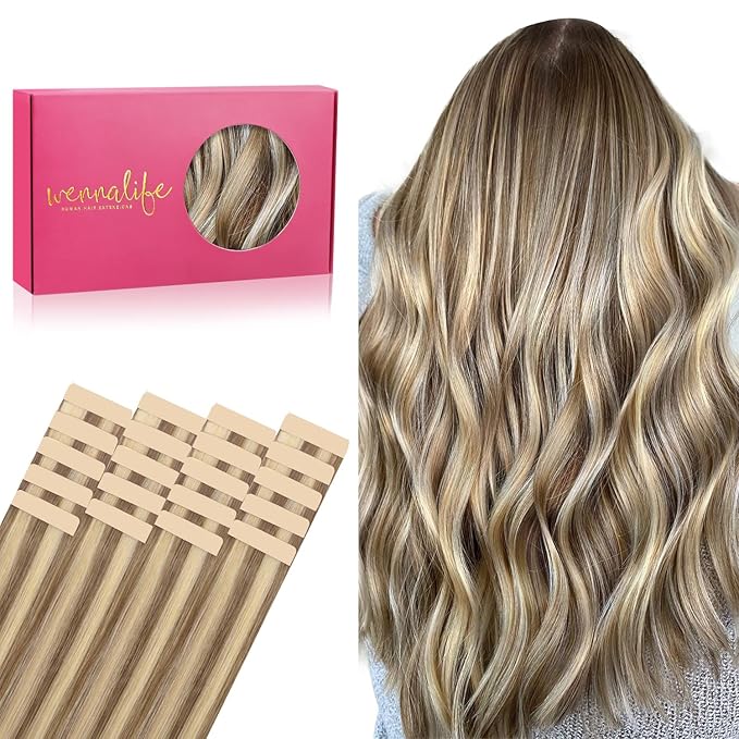 WENNALIFE Tape in Hair Extensions Human Hair, 20pcs 30g 10 inch Ash Brown with Platinum Blonde Highlights Remy Hair Extensions Straight Human Hair Tape in Extensions Skin Weft Tape Extensions