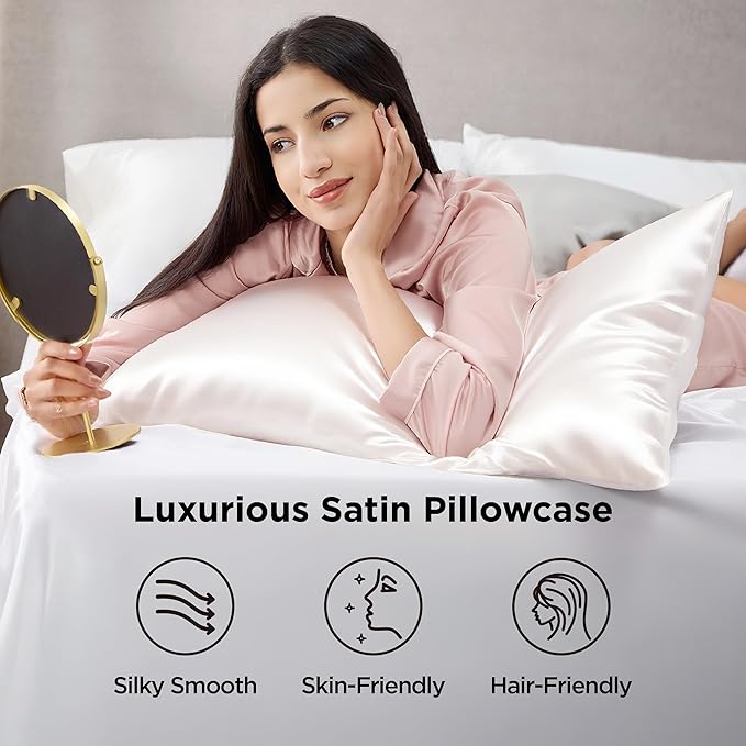 Bedsure Satin Pillowcase for Hair and Skin Queen - Ivory Silky Pillowcase 2 Pack with Envelope Closure, Similar to Silk Pillow Cases, Gifts for Women Men, 20x30 Inches, 2pcs