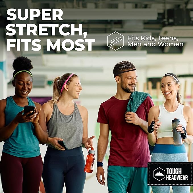 Tough Headwear Thin Elastic Headbands for Men - Sports Hair Head Band for Women & Men - Non Slip Mens Workout Headband - Running or Soccer Headband - 6-Pack