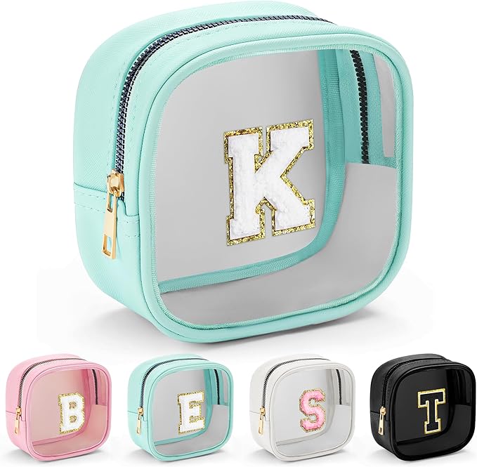 YOOLIFE Initial Make Up Bag Travel Toiletry Bag, Clear Makeup Bag Preppy Cosmetic Bags Cute Teacher 12 13 14 15 16 Years Old Girl Gifts Trendy Stuff Small Makeup Bag Birthday Gifts Mini Blue K