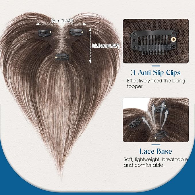Hair Topper with Side Bangs Human Hair Curtain Bangs Topper for Women,3.54x4.92 T-part Lace Base Real Human Hair Topper Hair Piece for Daily Wear(Side Bangs,Dark Brown)