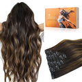 DOORES Remy Human Hair Extensions Clip in Balayage Dark Brown to Chestnut Brown Real Clip in Hair Extensions Straight 120g Thick Natural Hair Extensions 22 Inch 7pcs