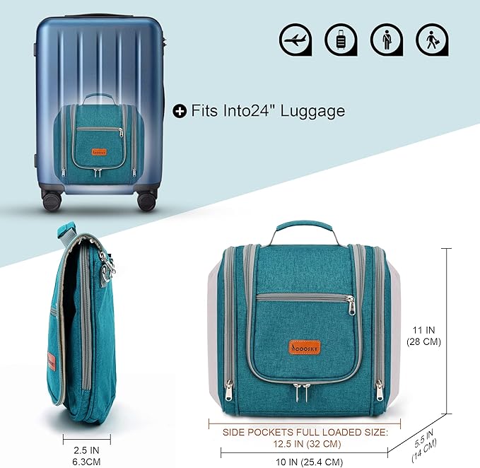 Hanging Travel Toiletry Bag for Women and Men, 6 Organizer Compartments, Extra Large Toiletries Bag, Bathroom Cosmetic Bag, Water-resistant Makeup Bag, Holds Full-Size Shampoo, Blue