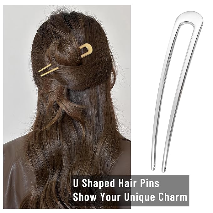 6Pcs Metal French Hair Pins for Women U Shape Sticks 3.9 Inch Vintage Fork for Hairstyle Accessories(Gold/Silver)