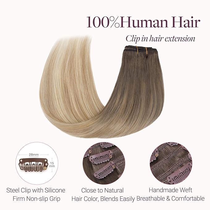 GOO GOO Clip in Hair Extensions Real Human Hair, Remy Human Hair Extensions Clip ins for Women, Natural Human Hair, 16inch 120g 7 Pcs, #9/18J/60 Chocolate Brown to Champagne Blonde Balayage