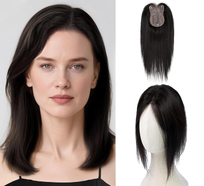 8x11cm Breathable Hair Topper, 12 inches 35g 120% Density Real Human Hair, 3 Non-Slip BB Clips, Wearable on Left, Right & Middle Part, Versatile Styling for Hair Loss & Volume Boost (Black)