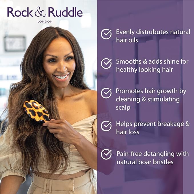 Rock & Ruddle Natural Mixed Boar Bristle Hair Brush for Women and Kids (Large, 21cm) - Perfect for Wet or Dry Hair, Detangling Smoothing Blowdrying - Designed & Made in UK - Cats and Dogs Design