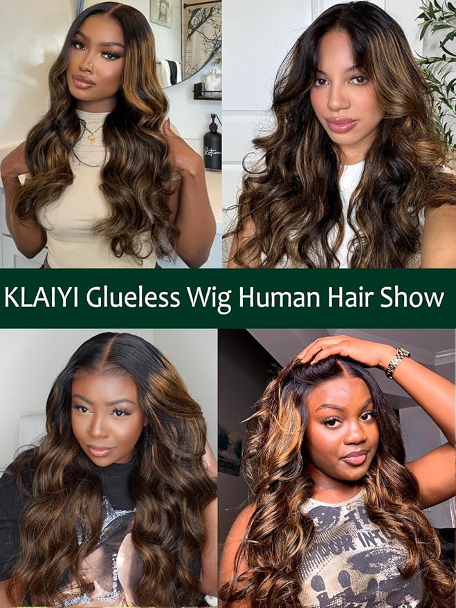 KLAIYI Bye Bye Knots Glueless Ombre Brown Body Wave Pre Cut 7x5 Lace Front Wigs Human Hair Drawstring Pre Plucked Bleached Pre Everything Ready to Wear and Go Wig Highlight Balayage Colored Wig 22Inch