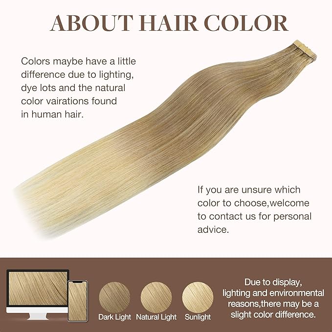 GOO GOO Tape in Hair Extensions Human Hair, O18G/22G(L) Golden Beige Blonde with Ash Highlights, 20inch 50g 20pcs, Skin Weft Seamless Invisible, Silky Straight with Thick Ends, Remy Human Hair