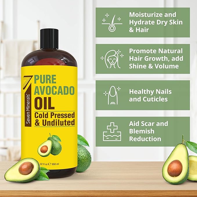 NEW Cold Pressed Avocado Oil For Hair, Skin, & Face - Big 32oz - Premium Grade & Hexane Free, 100% Pure, GMO Free, & Non-Greasy Carrier Oil for Natural Hair and Skincare - Great with Essential Oils