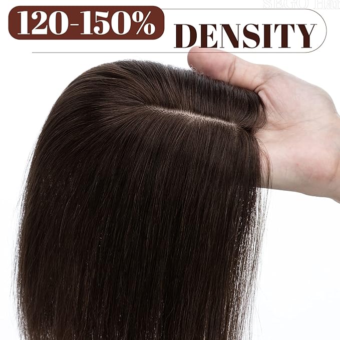 SEGO Real Human Hair Topper for Women, No Bangs Hair Topper with Anti-Slip Clips (16 Inches Dark Brown)