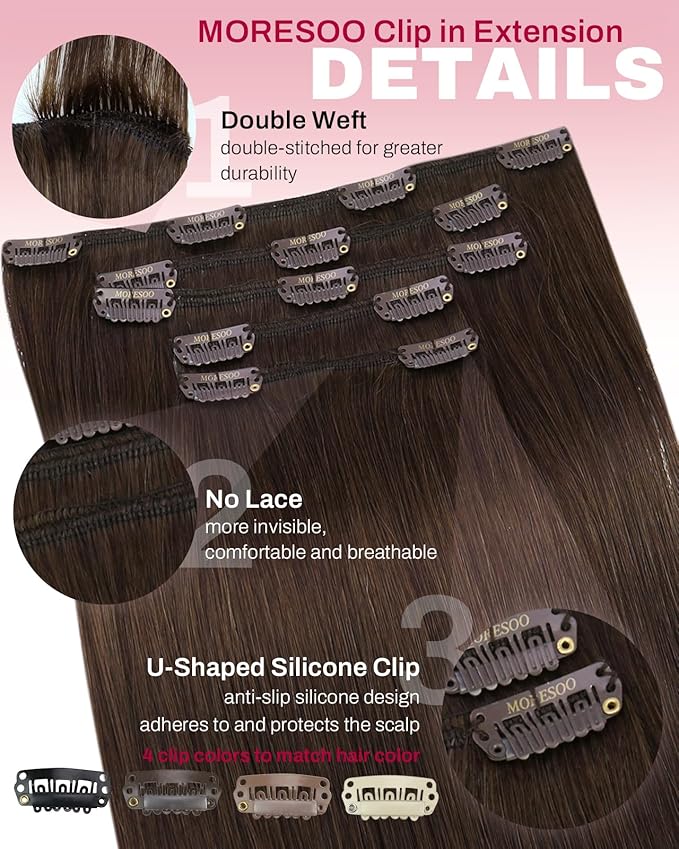 Moresoo Clip in Hair Extensions Brown Human Hair Clip in Extensions Double Weft Remy Straight Hair Extensions Real Human Hair Clip ins Medium Brown #4 5pcs 80g 22inch