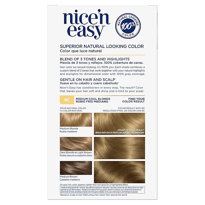 Clairol Nice'n Easy Permanent Hair Dye, 8C Medium Cool Blonde Hair Color, Pack of 1