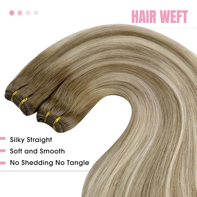 YoungSee 125G Human Hair Sew in Extensions Light Brown Mix Platinum Blonde Weft Hair Extensions Balayage Sew in Hair Extensions Real Human Hair for Thin Fine Hair 22Inch