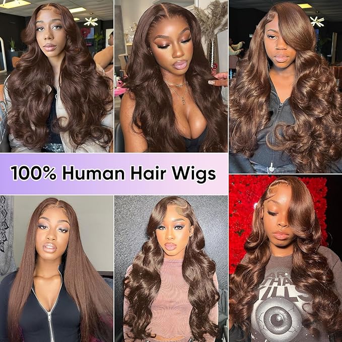 28 Inch Chocolate Brown Body Wave Lace Front Wigs Human Hair 200 Density 13x6 HD Lace Frontal Wigs Human Hair Brown Glueless Wig For Women Pre Plucked with Natural Hairline