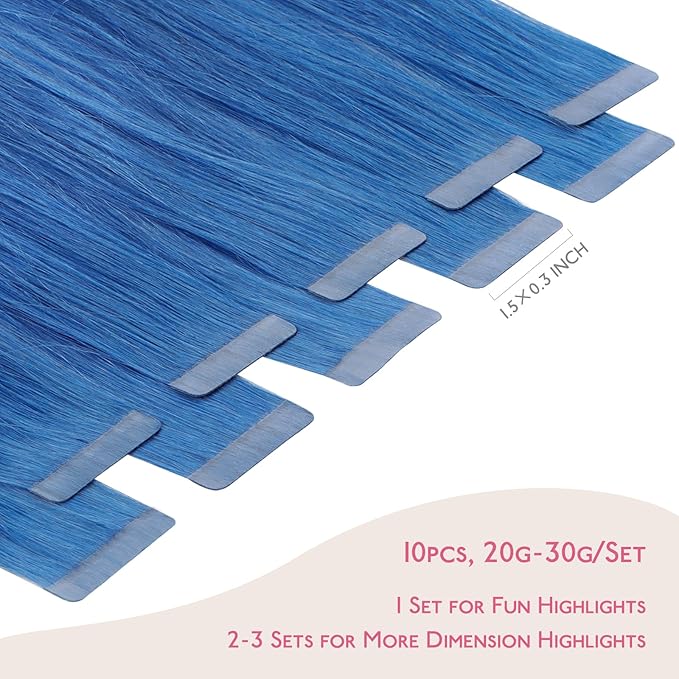 Wennalife Tape in Hair Extensions Human Hair Blue Tape in Extensions, 10pcs 30g 24 inch Remy Invisible Tape Ins Straight Colored Soft Real Human Hair Tape in Extensions Refill Set Extensions
