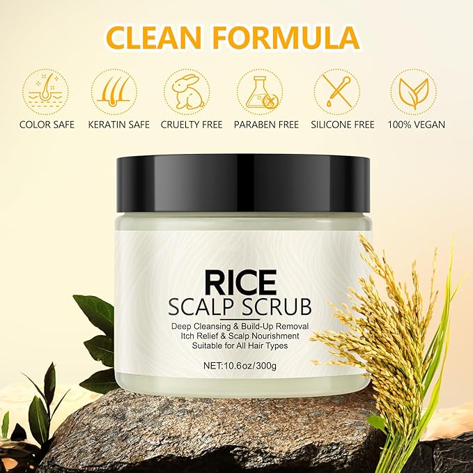 Scalp Scrub with Rice Extract & Hyaluronic Acid, 2-in-1 Exfoliating Shampoo for Hair Treatment, Includes Silicone Scalp Massager, Removes Buildup & Dandruff, 10.6oz