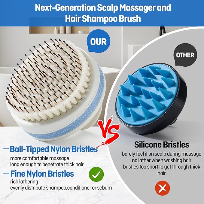Scalp Massager with Double-Layer Bristles,Anti-Slip Rich-Lathering Hair Washing Shampoo Brush,Curved Scalp Scrubber with Better Head Fit for Dandruff Removal,Scalp Stimulator for Wet&Dry Use.