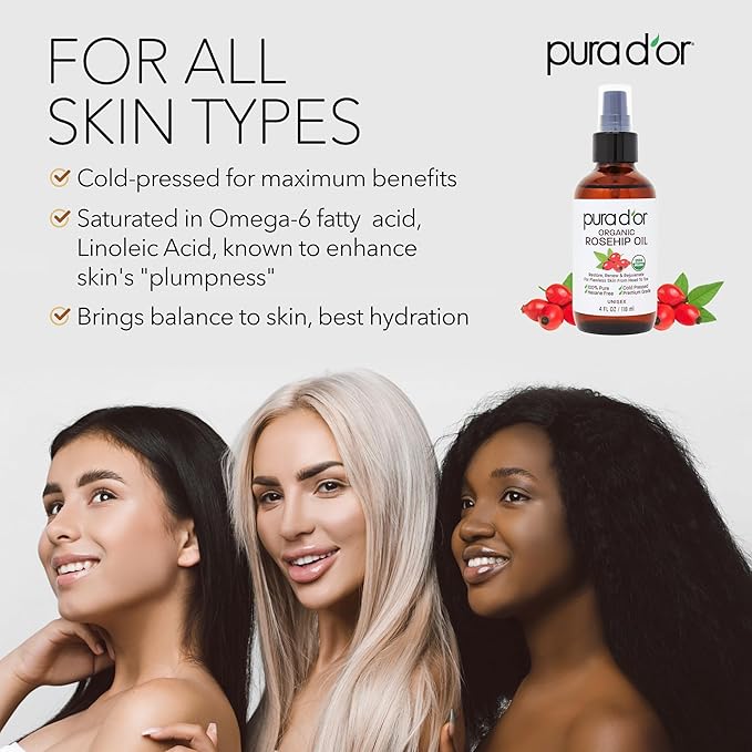 PURA D'OR ORGANIC Rosehip Seed Oil Hair Relaxer (4 Oz x3 = 12 Oz) 100% Pure Cold Pressed USDA Certified All Natural Anti-Aging, Scar Treatment, Gua Sha Massage, Face, Hair & Skin - Women & Men