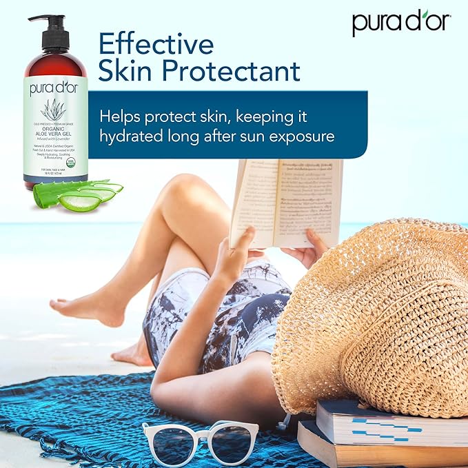 PURA D'OR 16 Oz ORGANIC Aloe Vera Gel - Lavender - All Natural - ZERO Artificial Preservatives - Deeply Hydrating & Moisturizing - Sunburn, Bug Bites, Rashes, Small Cuts, Eczema Relief - Skin & Hair
