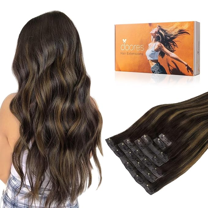 DOORES Seamless Clip-in Hair Extensions, Real Human Remy Hair, Dark Brown to Chestnut Brown, 24 Inch, 7pcs, 120g, Straight Invisi Edge, Skin Weft