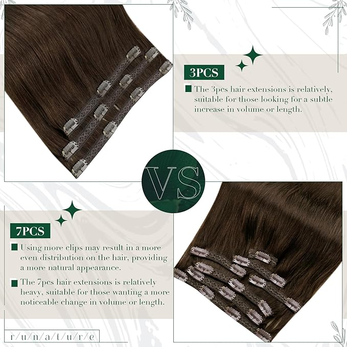 RUNATURE Brown Clip in Hair Extensions, Real Hair Extensions Clip Ins, Short Human Hair Clip in Extensions 10 Inch, Remy Straight Hair Clip Ins, 50g 3pcs #4 Chocolate Brown
